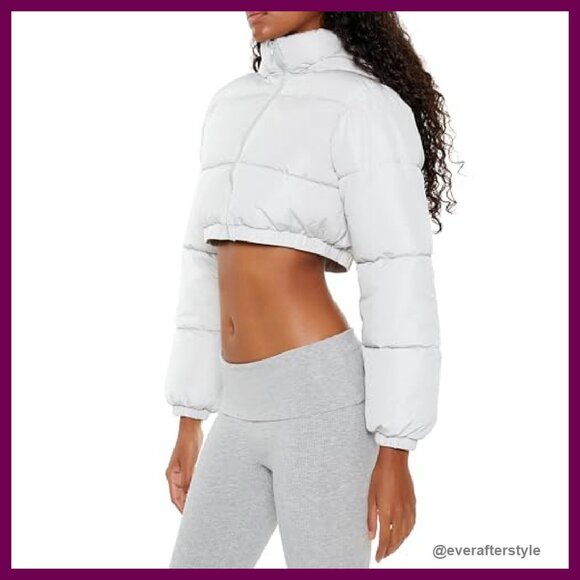 Super Cropped Puffer Jacket Quilted Channel Stitch Hood Funnel Neck Y2K - Picture 5 of 6